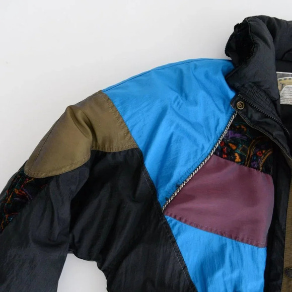 Vintage 90's ISPO Blue & Black Patchwork Funky Puffer Zip Up Winter Jacket S - Picture 10 of 15